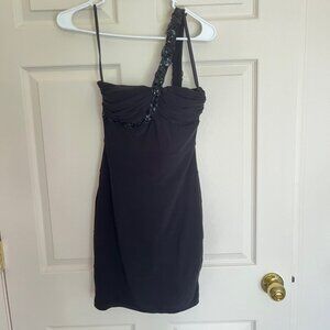 B. Smart (DEB) One-Shoulder Black Bodycon Mini Dress with Ruched and Sequins XS